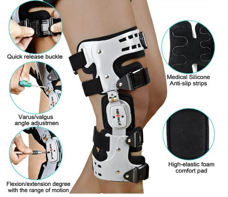 Knee brace articulated stabilizer adjustable (support and recovery for ACL MCL PCL meniscus injury)