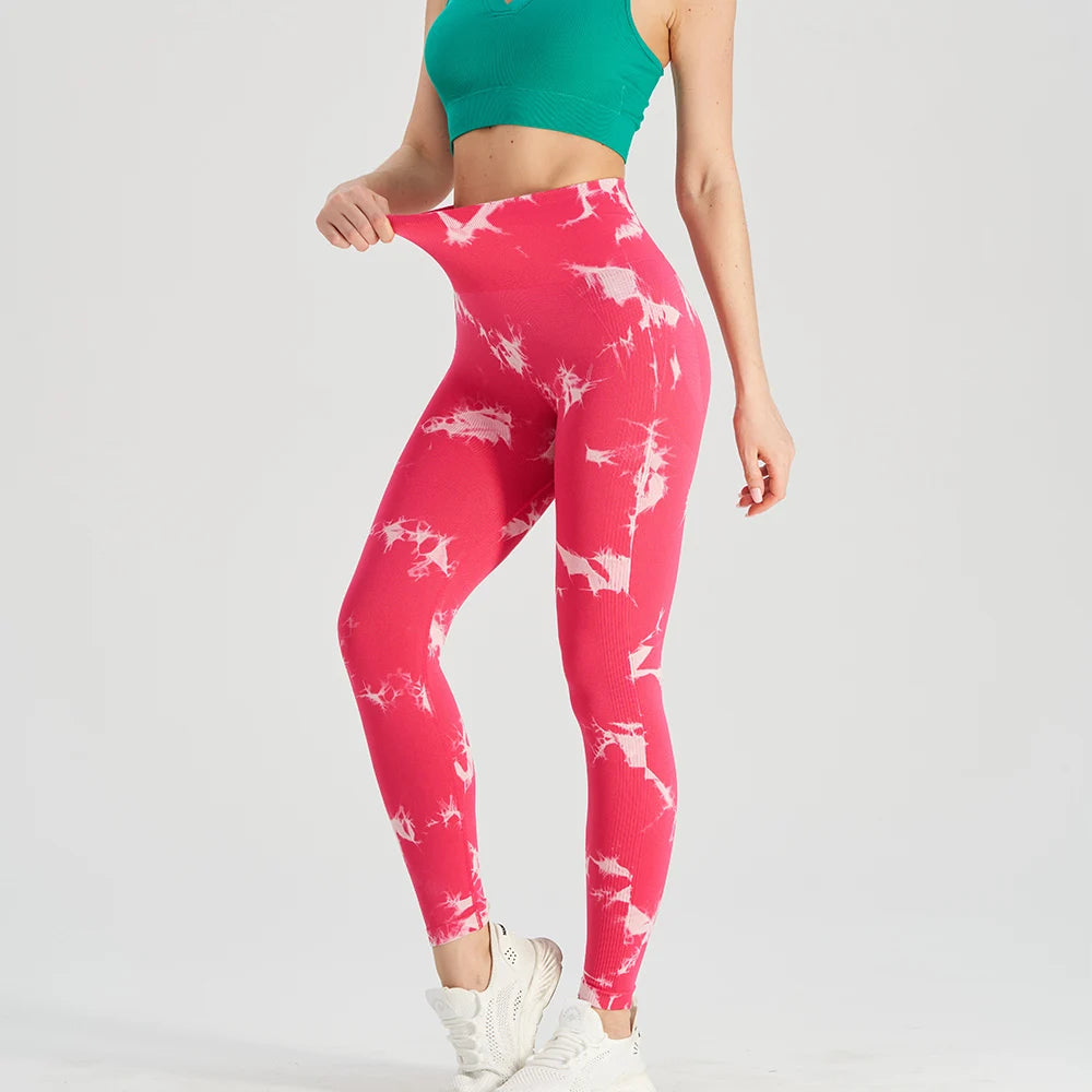 Seamless Tie Dye Bleach Print Sports Leggings Women Elastic Push Up Yoga Pants Running Leggings