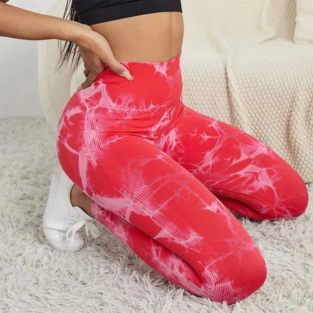 Seamless Tie Dye Bleach Print Sports Leggings Women Elastic Push Up Yoga Pants Running Leggings